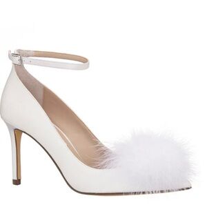 SHOES: Nina White Satin Feather Pumps